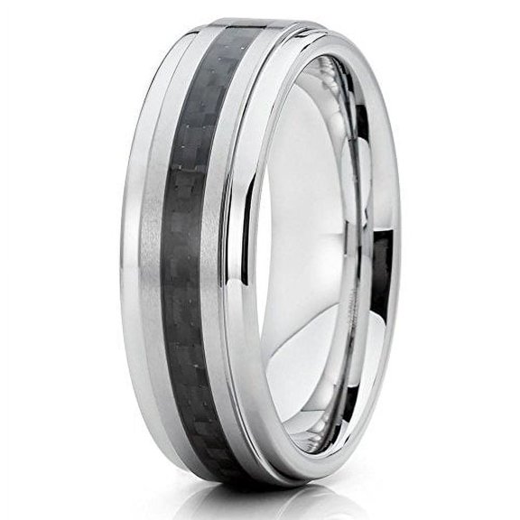 6mm Polished Silver Tungsten Carbide Wedding Band Stepped Edges Black Carbon Fiber Center Ring 7.5