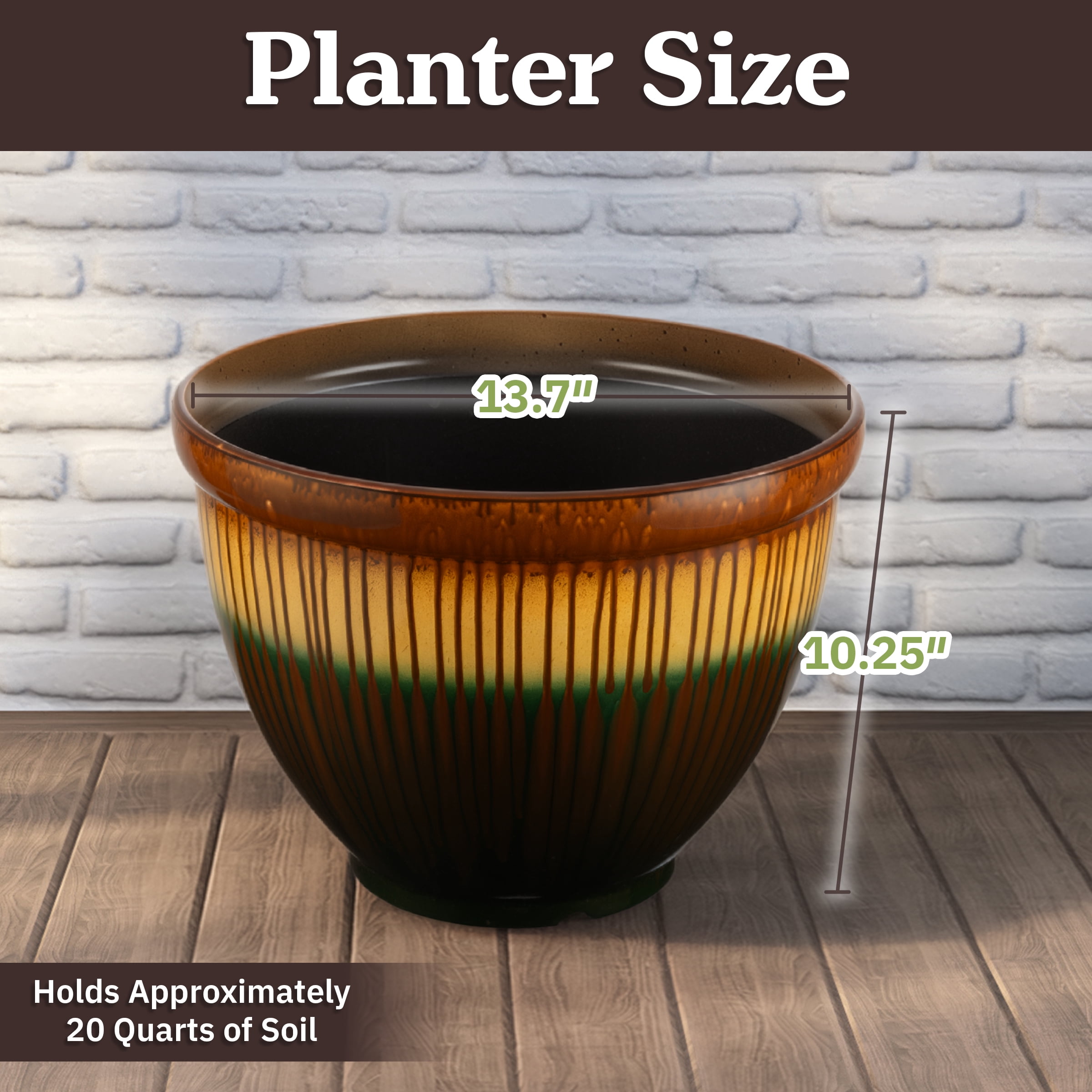 Pure Garden 13.7” Large Plastic Plant Pot with Glazed Ceramic Look for Indoors or Outdoors, Bronze
