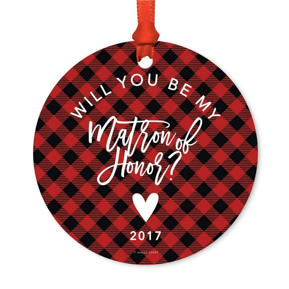 Wedding Metal Christmas Ornament, Will You Be My Matron of Honor?, Red Plaid, Includes Ribbon and Gift Bag