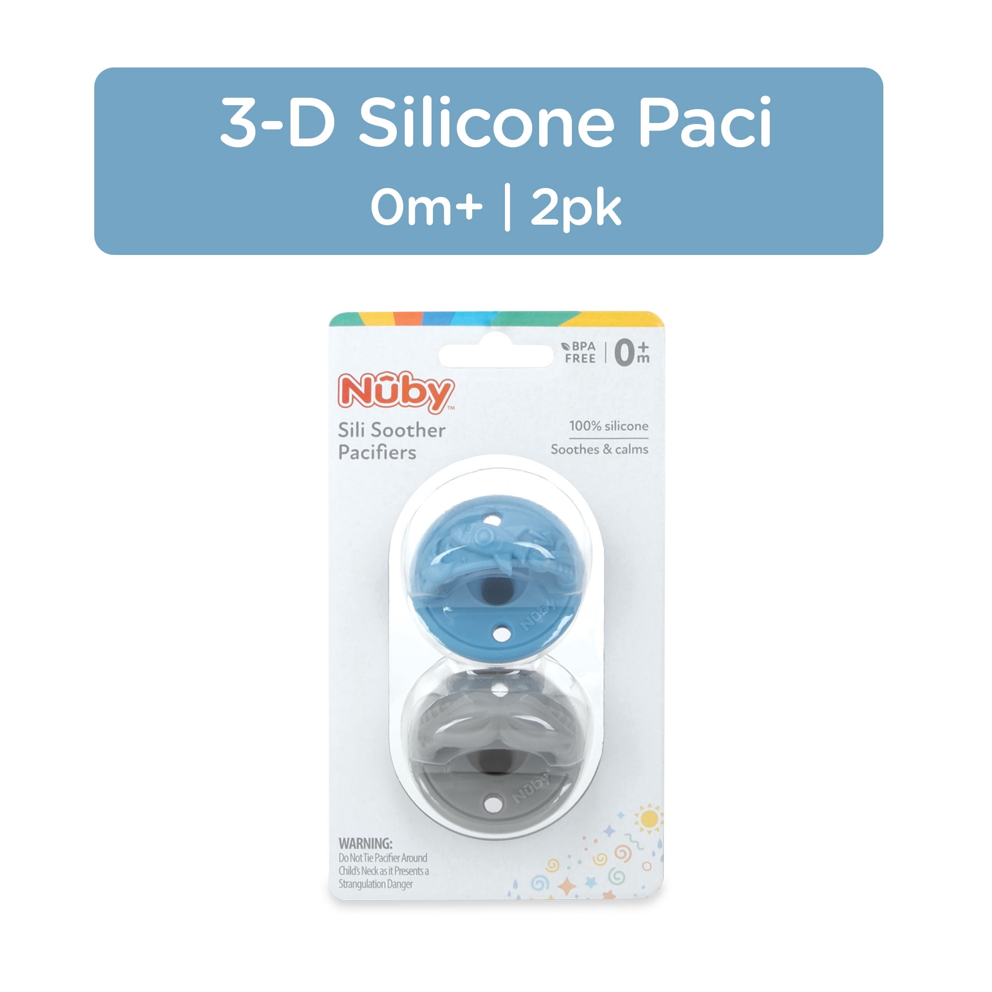 Nuby 3-D Sili Soother Baby Pacifier, Rocket and Mustache, 2 Pack