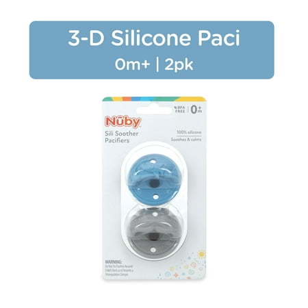 Nuby 3-D Sili Soother Baby Pacifier, Rocket and Mustache, 2 Pack