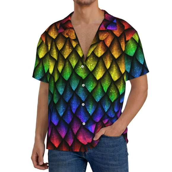 Balery Dragon Scales Camisa Casual de Manga Corta con Botones para Hombre, Texturizada, Estilo Cubano, para Playa, Verano-Medium