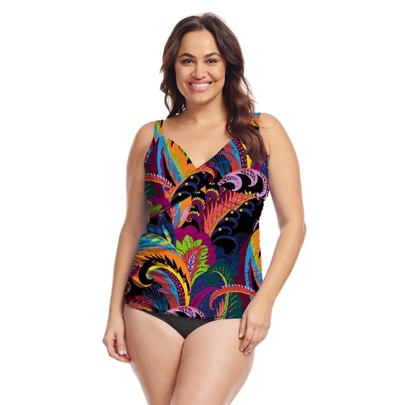 Plus Size Wrap Front Tankini Top in Colorblock Paisley Black