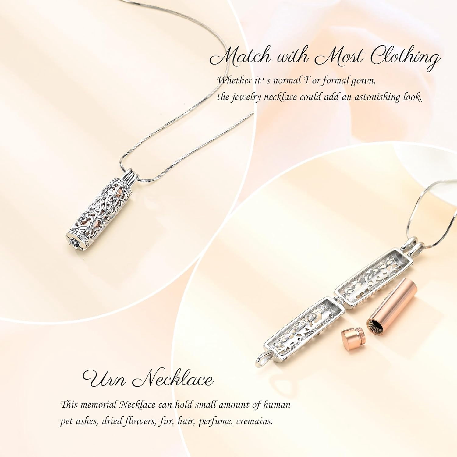 3Pcs Urn Necklace for Ashes for Women Stainless Steel Teardrop Butterfly Tree of Life Hollow Mini Cylinder Keepsake Cremation Memorial Pendant