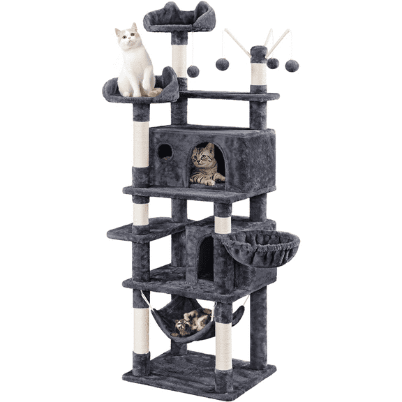 Alden Design 67" H Multi-Level Cat Tree Tower with 2 Cat Condos & Hammock Basket, Dark Gray