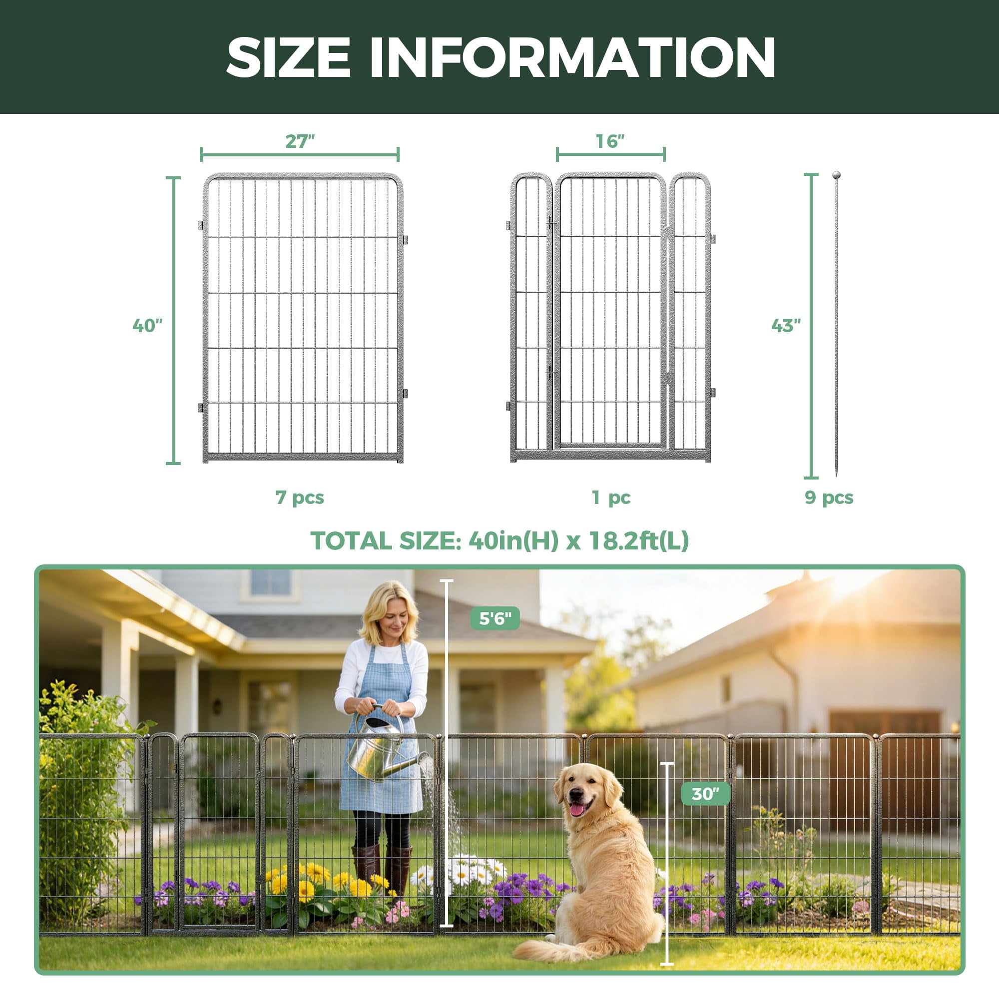 FXW Garden Fence Outdoor for the Yard – 40in(H) x 18.2ft(L) Heavy Duty Metal Animal Barrier for Dog, No Dig Decorative Dog Fence, 8 Panels, Silver