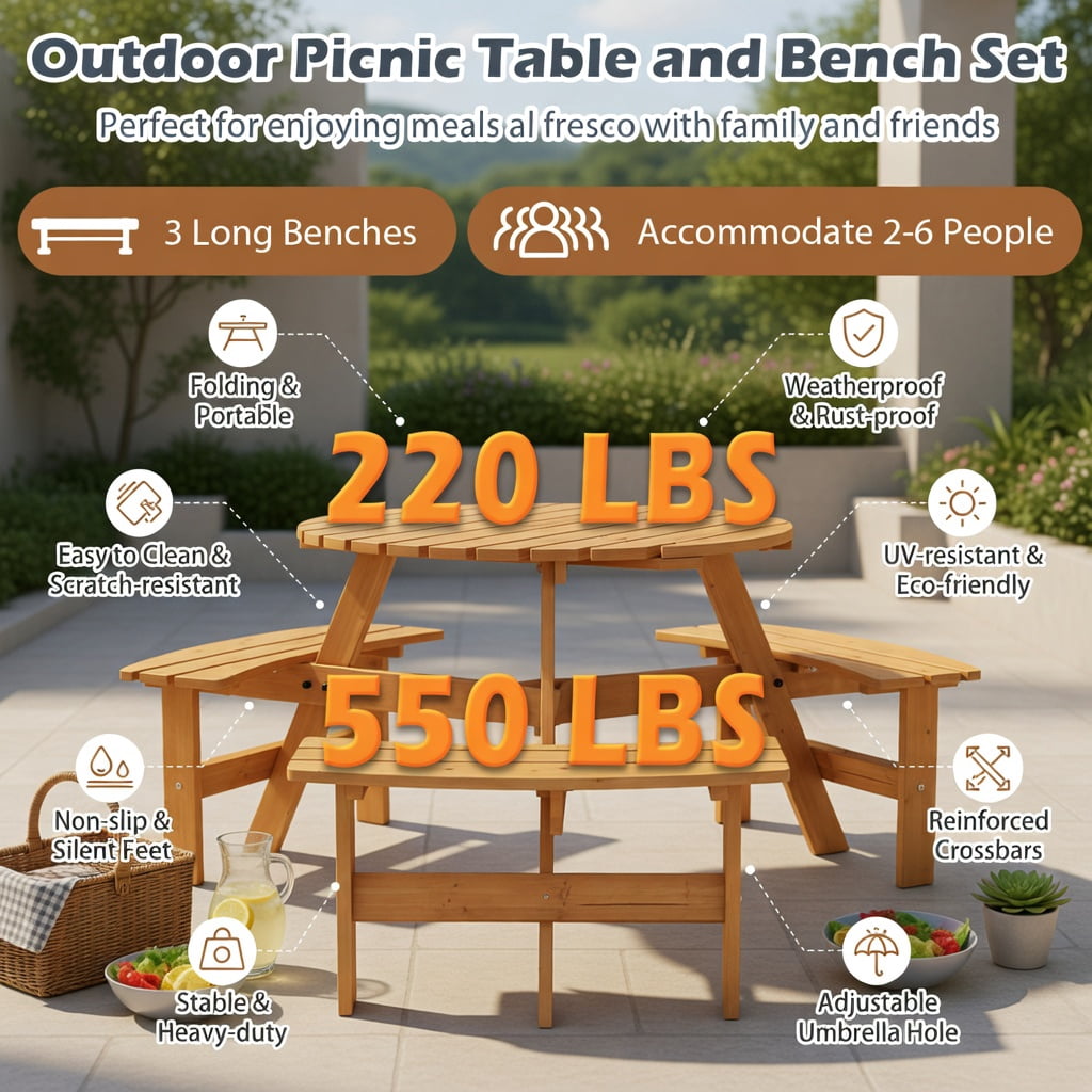 Hommoo 6-Person Round Outdoor Picnic Table Set with 3 Built-in Benches, Umbrella Hole & Weather-Resistant Fir Wood, Yellow