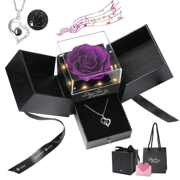 Emibele Preserved Rose Flower with Heart Necklace, Eternal Purple Rose Gifts for Her Women Mom Wife Grandma on Mothers Day Anniversary Birthday Valentines