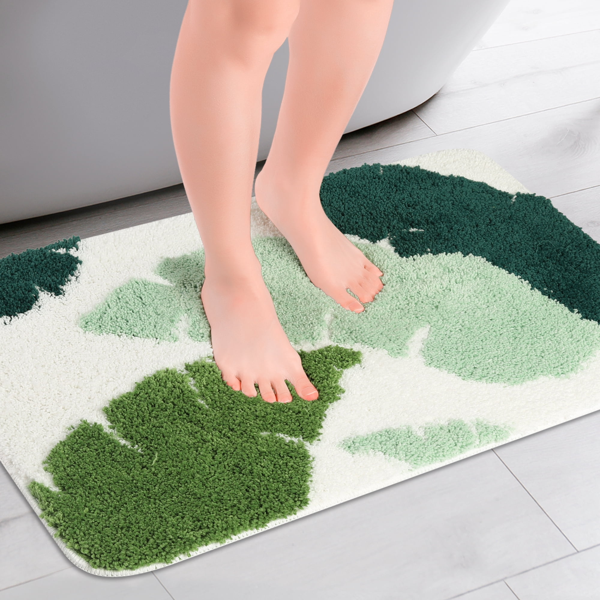 Unique Bargains Cute Leaf Pattern Bath Rug Boho Non Slip Bathroom Decor Washable Mat Green 20" x 32"