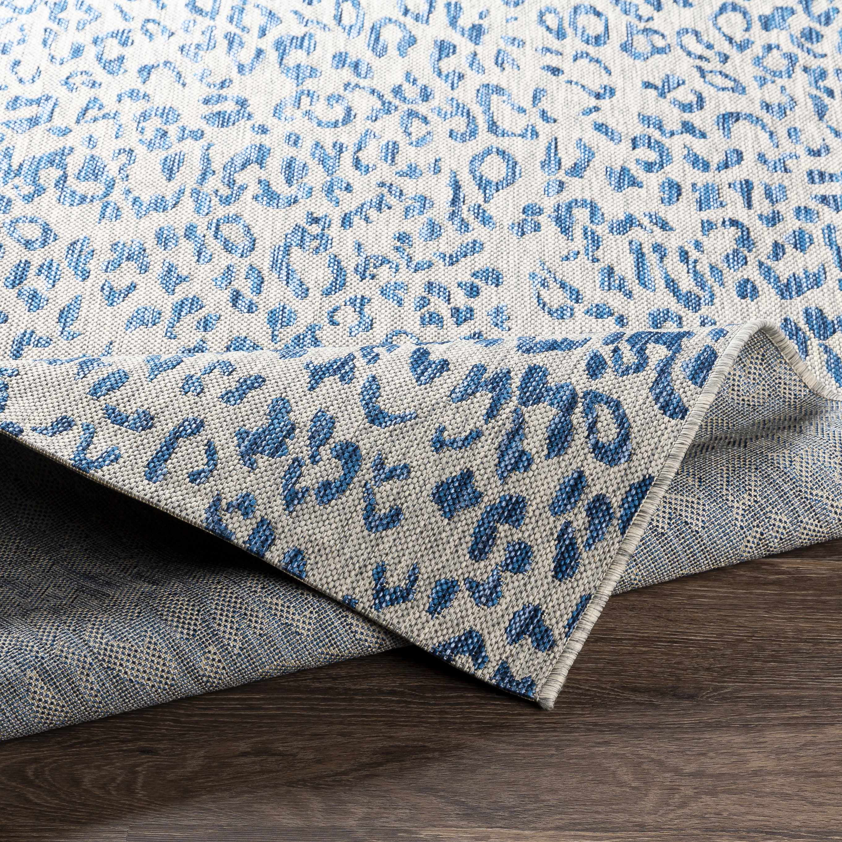 Hauteloom Skipsea Animal Print Living Room Bedroom Dining Room Outdoor Round Area Rug - Porch Patio Rug - Leopard Print - Blue, Gray - 5'3" Round