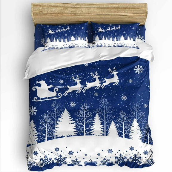 Navy Blue Christmas Queen Size Comforter Set, Xmas Reindeer Tree Winter Snowflake Soft Bedding for All Seasons, 4 Pcs Bed Set with 1Comforter (90"x92") ,1 Sheet(94"x116"), 2 Pillowcases (19"x29")
