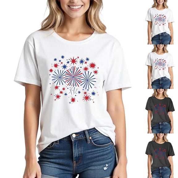 Mifsaly Independence Day Cotton Tops Women Fireworks Graphic Crewneck Short Sleeve T-Shirt Comfortable 4Th of July Patriotic Tees M
