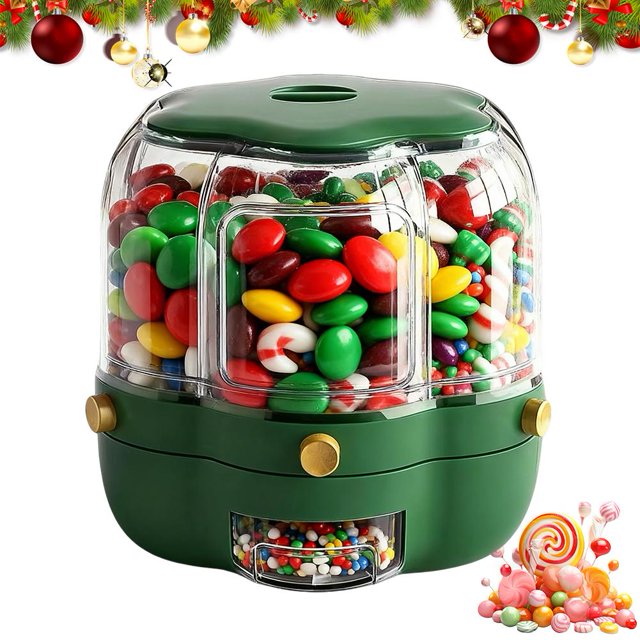 SharkTRUE Christmas Candy Dispenser, 360 Rotating Candy Dispenser 6 Compartments with Lid , Multi-grid Large Capacity Grain Storage Container, One-Button Dispensing for Snacks, for Snacks Cereals C-an