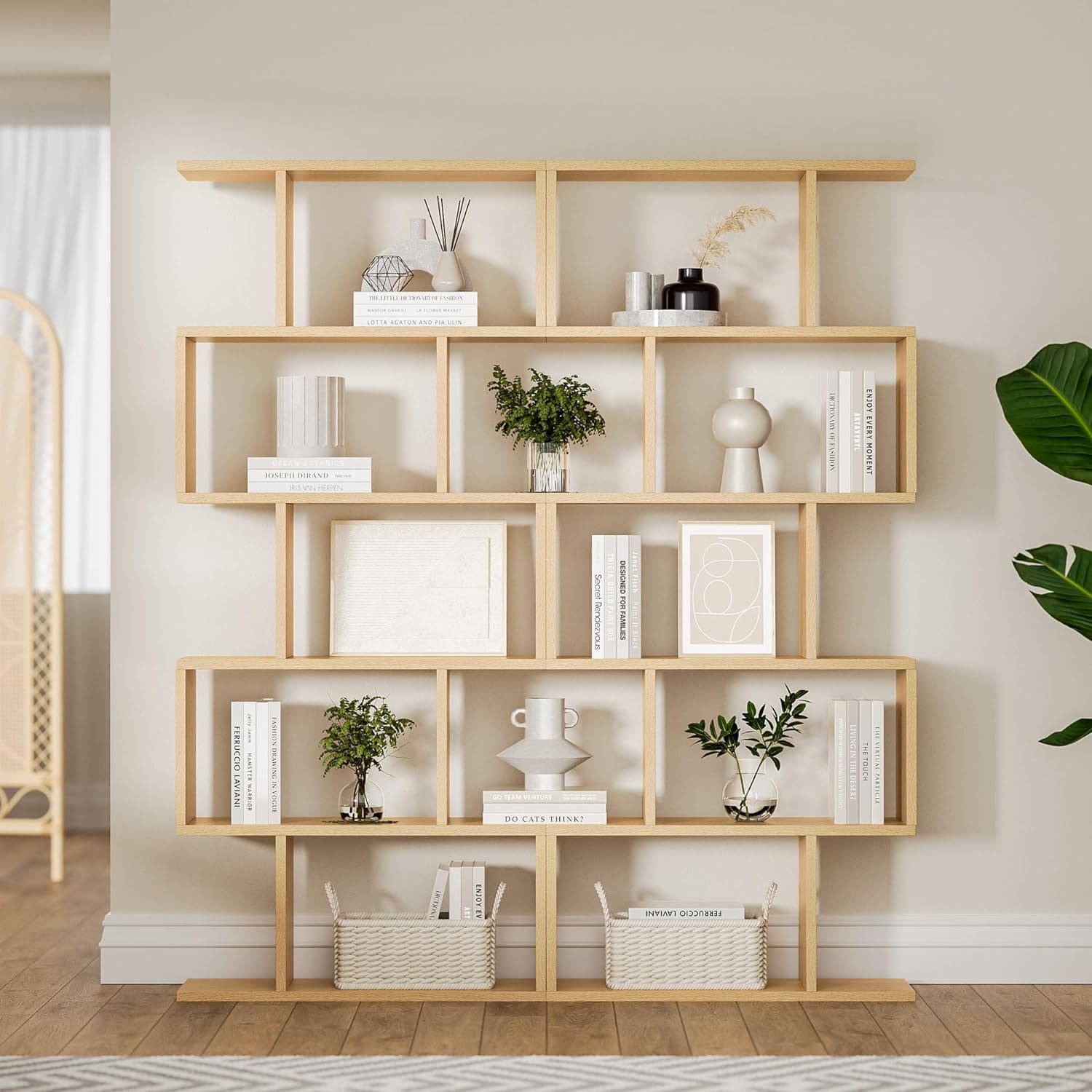 DIYART Oak 5-Tier Geometric Bookcase, S-Shaped Modern Bookshelf set of 2