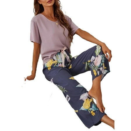 

2pcs Set Casual Floral Print Round Neck PJ Pant Sets Short Sleeve Women s Pajama Sets (Women s)