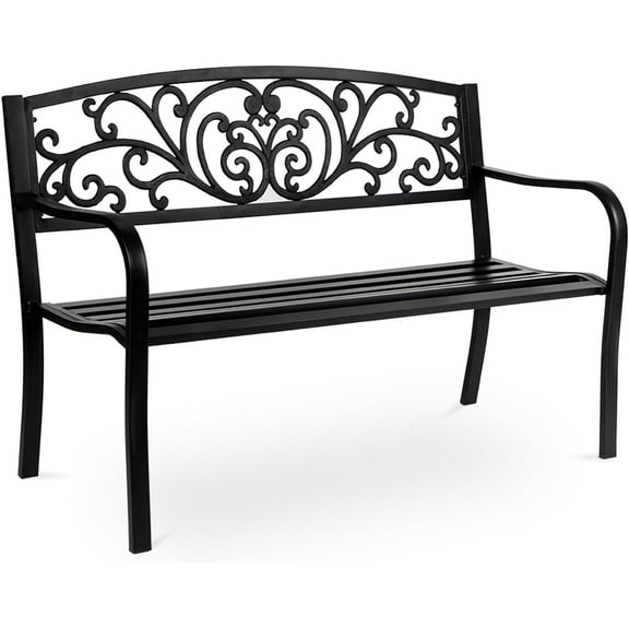 ZOPan Outdoor Bench, 50" Metal Frame Garden Bench Patio Porch Furniture with Plastic Floral Design Backrest Powder-Coated Chair Yard Entryway Deck Furniture