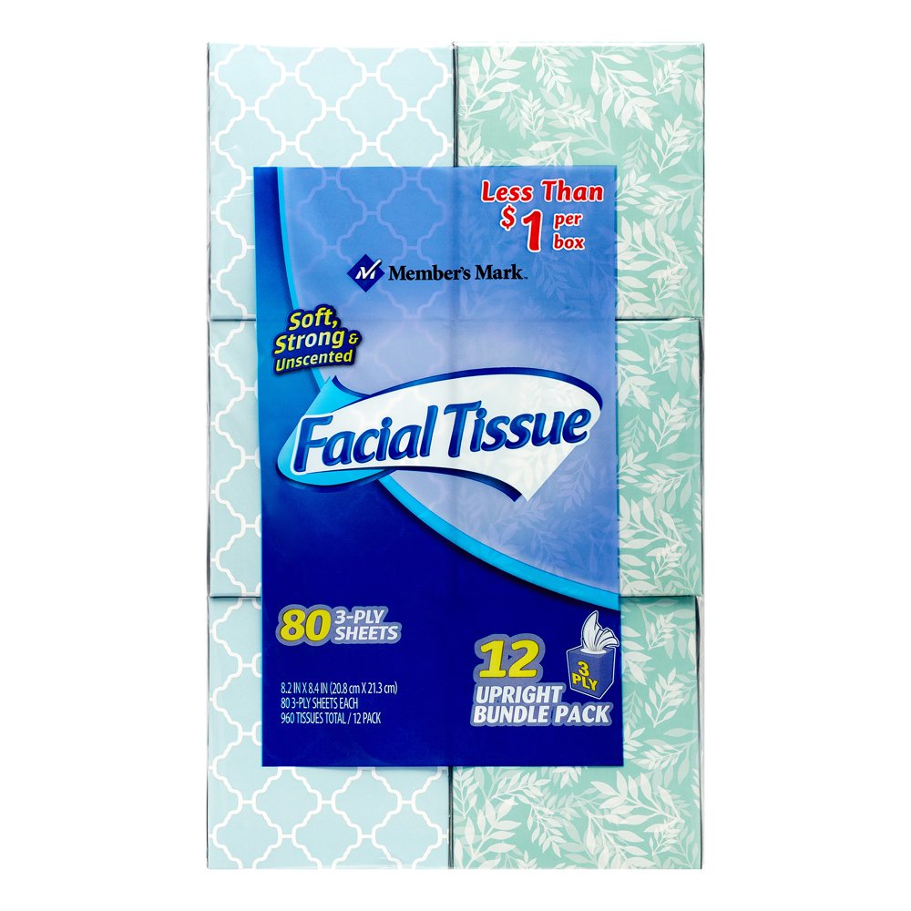 Member's Mark Soft & Strong Facial Tissues, White, 80 Sheets/Box, 12 Ct