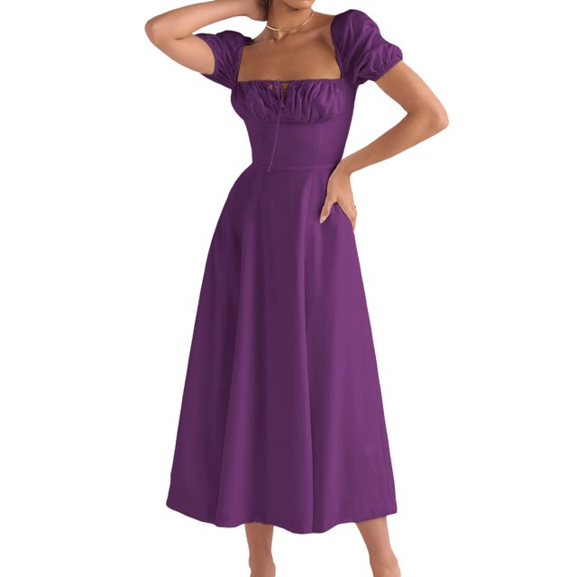 ZAXARRA Robe Longue d'Été pour Femmes Couleur Unie Manches Courtes Col Carré Froncée Robe de Soirée