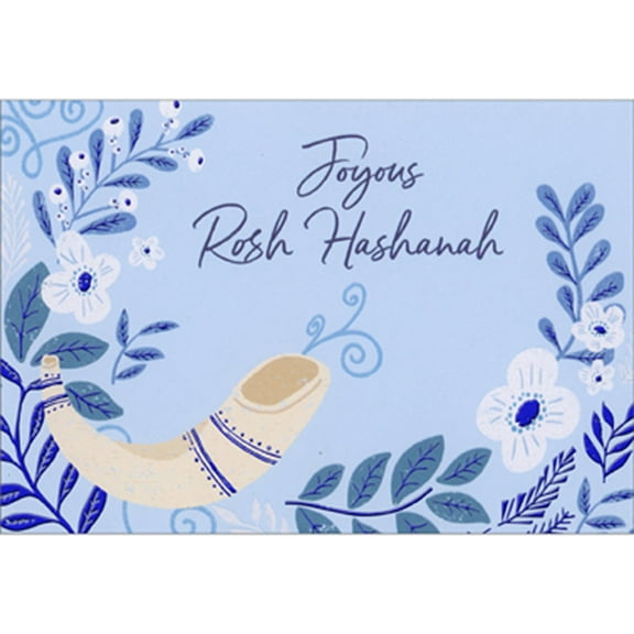 Designer Greetings Blue Leaves, White Flowers and Shofar Horn Package of 8 Rosh Hashanah Cards