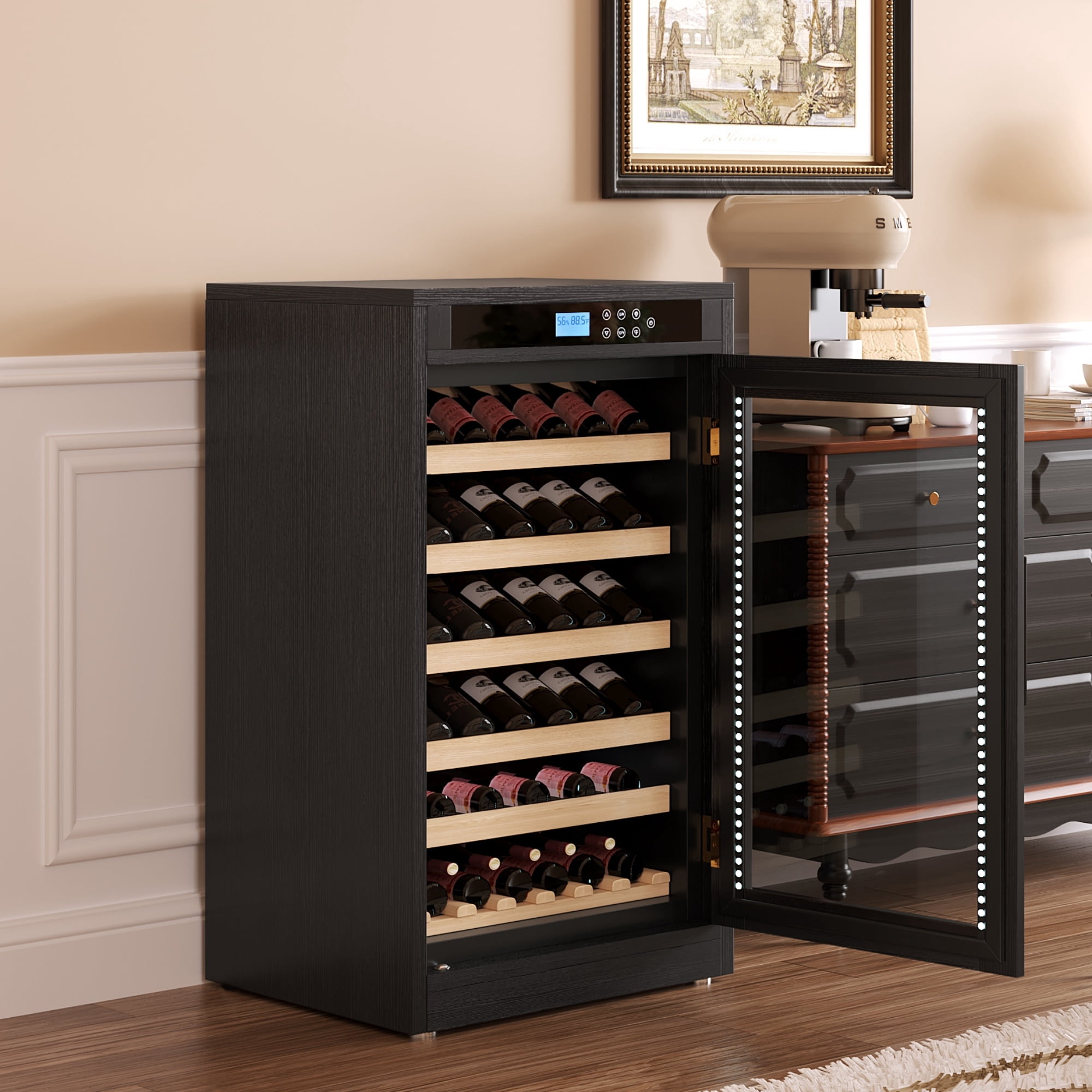 69-Bottle Freestanding Black Wine Fridge | Touch screen control, light-blocking glass, and precise temp regulation for optimal aging