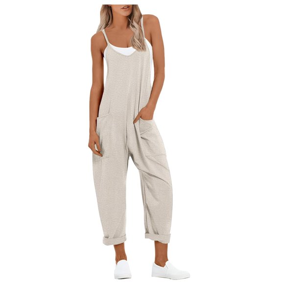 TrendOFT Summer Jumpsuit For Women Casual Sleeveless Loose Solid Spaghetti Strap Pocket Rompers For Women One Piece Overalls White XXL