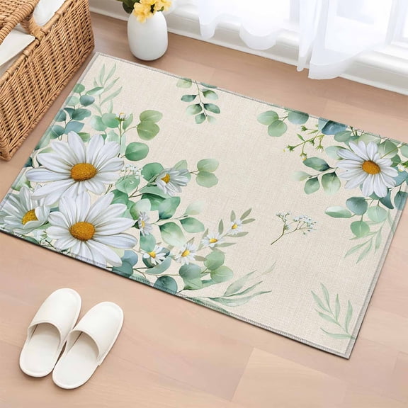 Entryway Rug 2'x3', Spring Floral Small Rug for Kitchen Bathroom Door Mat Indoor Entrance, Daisy Eucalyptus Leaves Watercolor Rustic Non-Slip Area Rugs Floor Mats Carpet Front Door Rugs