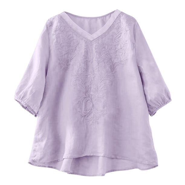 Camisas de Cuello en V de Manga Corta para las Mujeres Lino Blusas Bordadas Ajuste Suelto Verano Casual Tops de Cuello Redondo