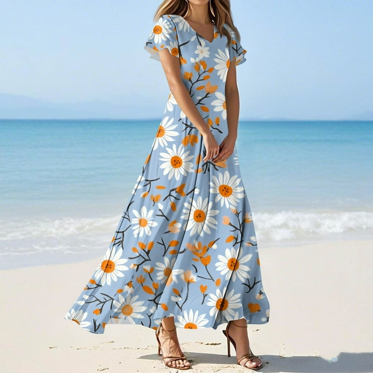 NAMTYQX Long Summer Dresses for Women 2025 V Neck Chiffon Boho Maxi Dress  Casual Dresses for Women 2025 Orange Size M