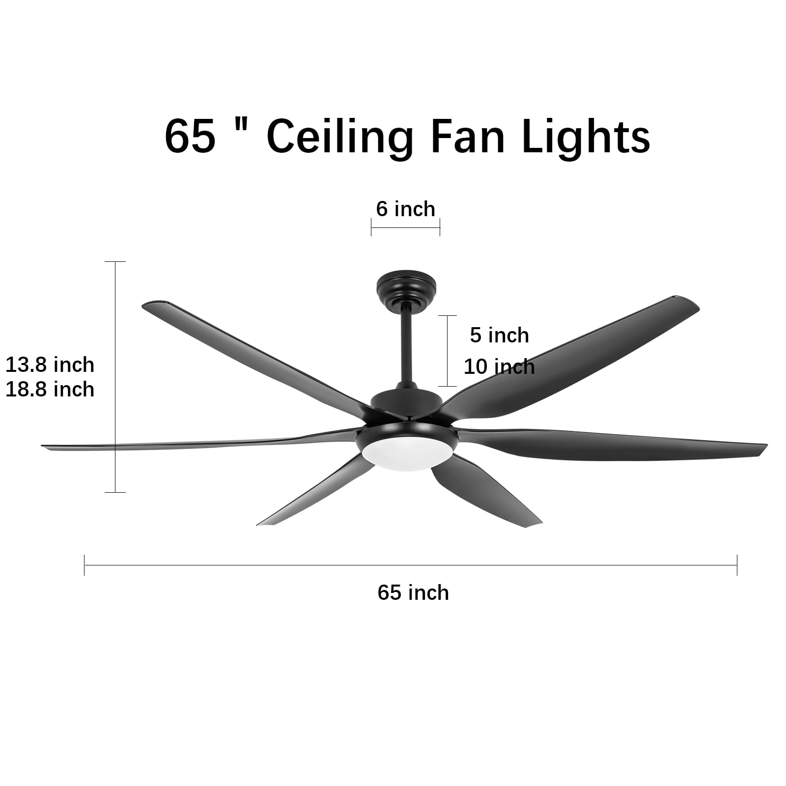 Wozzio 65 inch Ceiling Fan with Light and Remote, 3CCT Dimmable LED Light, 6 Black ABS Blades, Indoor & Outdoor