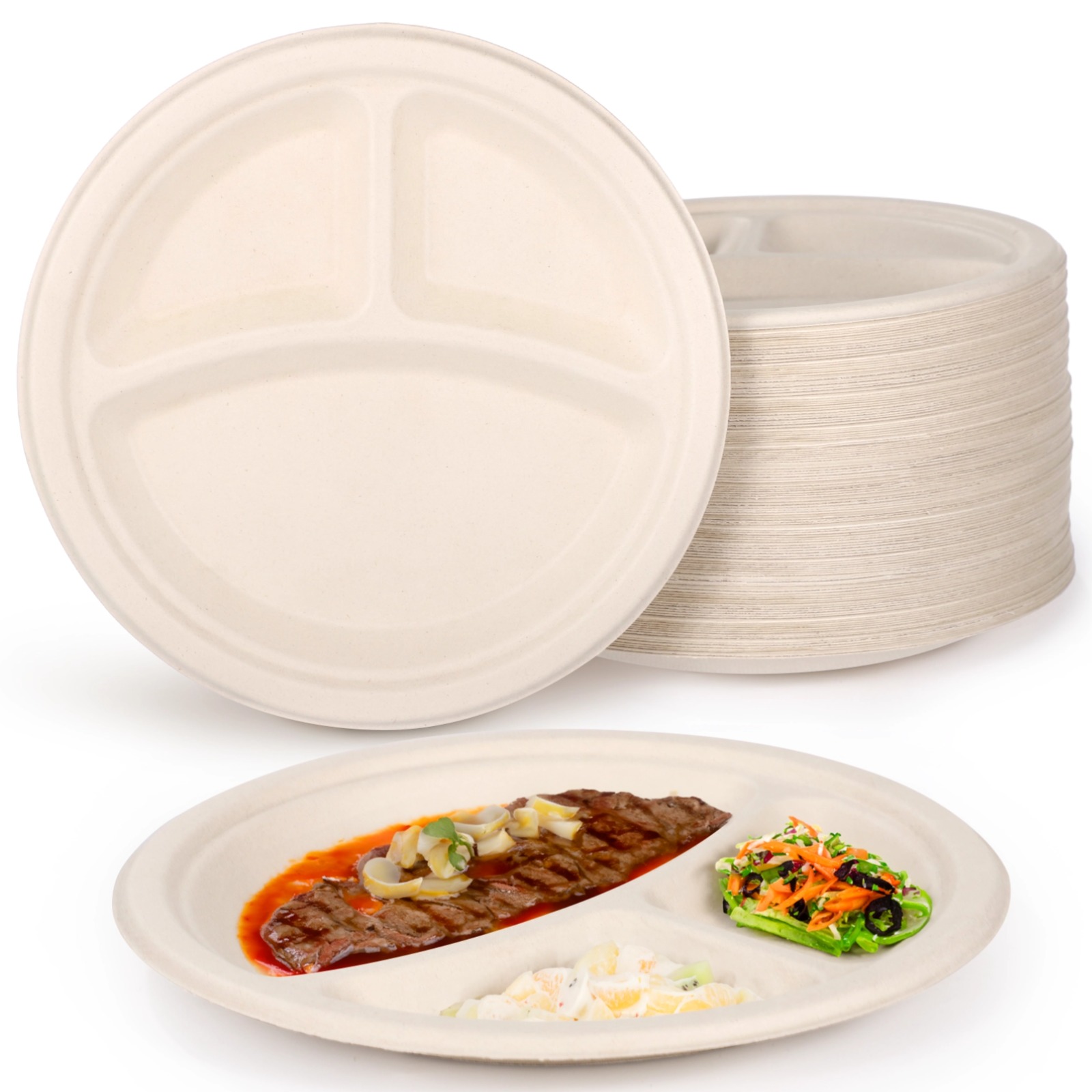125 Pcs Disposable Paper Plates, 9" 3-Compartment Plates, Waterproof & Oil-resistant Divided Plates, Microwave Safe, Heavy-duty Round Plates for Party, Picnic, BBQ, and Everyday Meals
