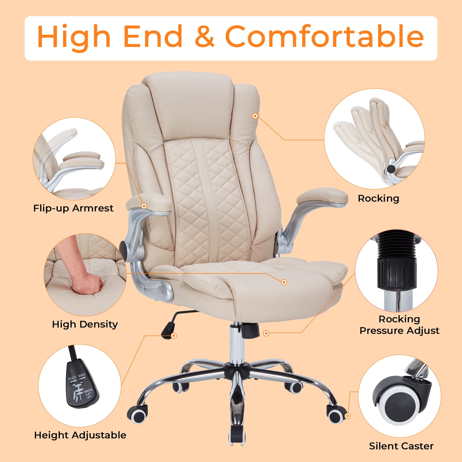 HESL Office Chair with Flip-Up Arms, Big and tall Office Chair with Rocking Mode, Desk Chair,  Cream