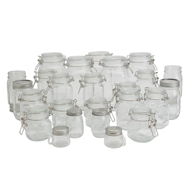 set de frascos Mason Craft & More vidrio transparente 25 piezas con tapa, vista frontal grupal de frascos de boca ancha en varios tamaños con tapas metálicas y cierres herméticos, vidrio liso para almacenar y servir en cocina; también se usa para organizar especias o proyectos de manualidades.