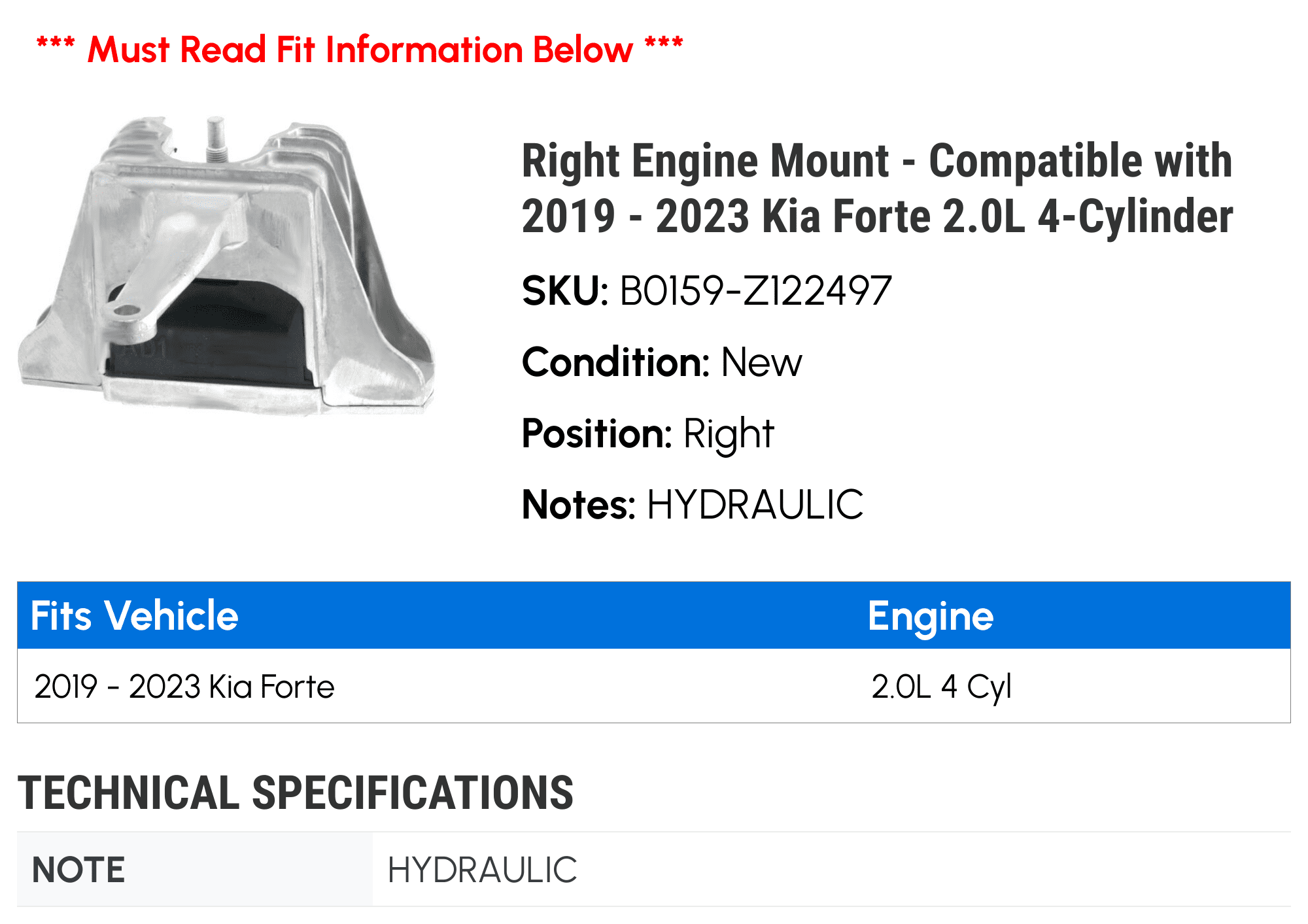 Right Engine Mount - Compatible with 2019 - 2023 Kia Forte 2.0L 4-Cylinder 2020 2021 2022
