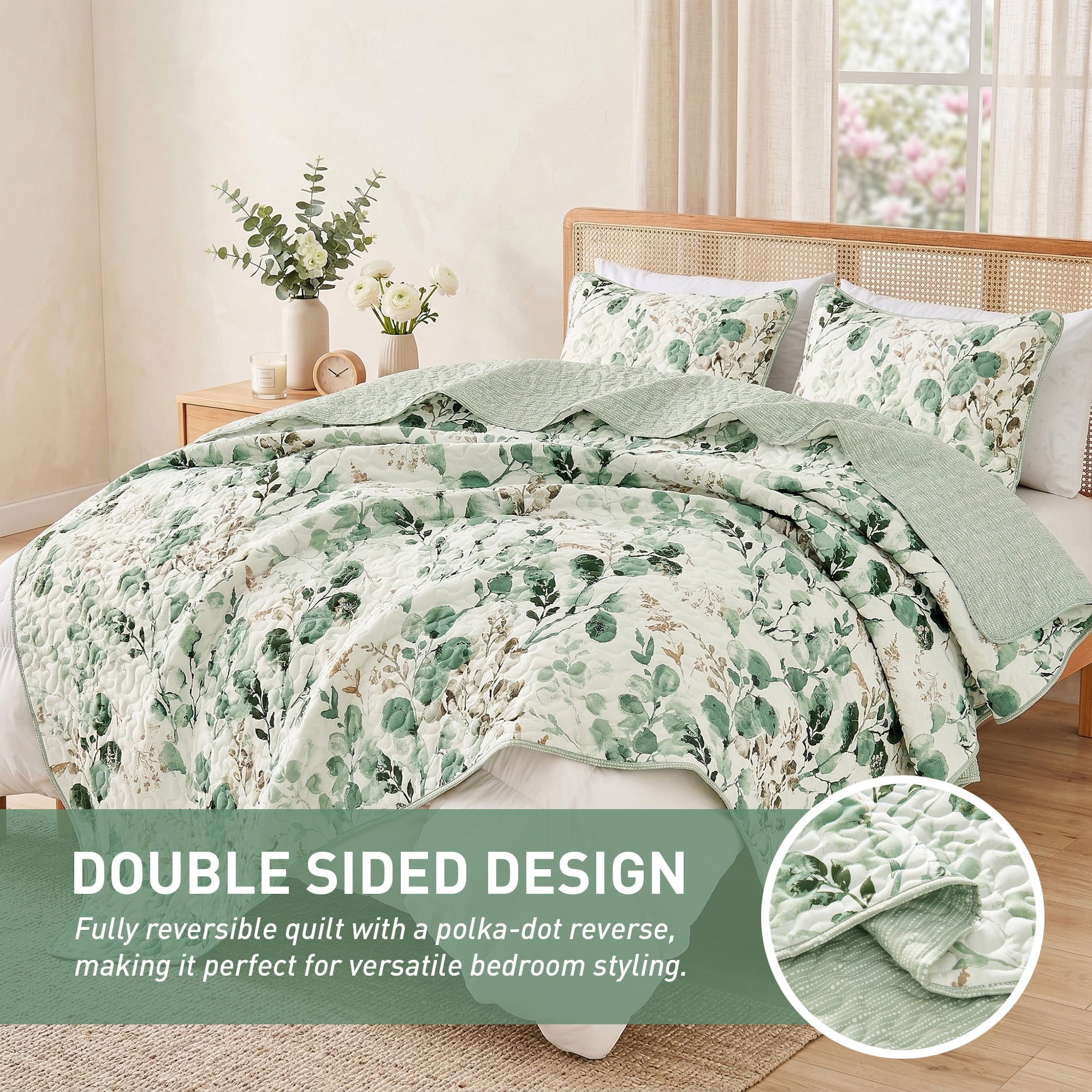 Regency Heights Full/Queen Botanical Quilt Set, 3-Piece Reversible Floral Summer Quilt Coverlet Bedding Set, Green Quilted Bedspread with Shams for All Season