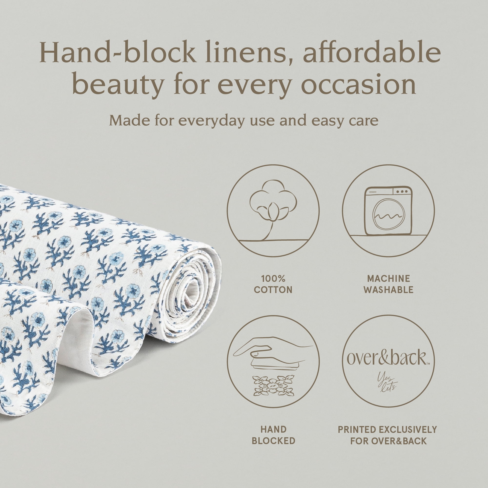 over&back 18x108 Hand-Blocked Printed Cotton Table Runner - Washable Table Runners for a Custom Home Decor Tablescape - Perfect for Coffee Table, Dinner Table, Living Room, and More - Blue Bloom
