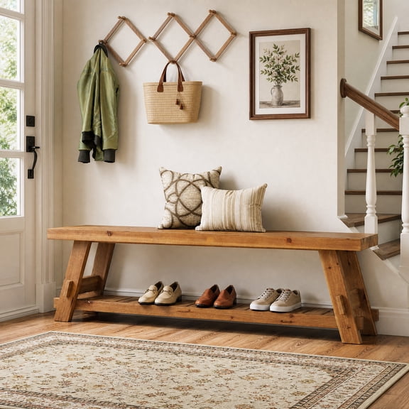 Fnova 63" Solid Wood Storage Bench with Shoe Rack, 2-Tier Entryway Bench for Living Room, Easy Assembly, Brown