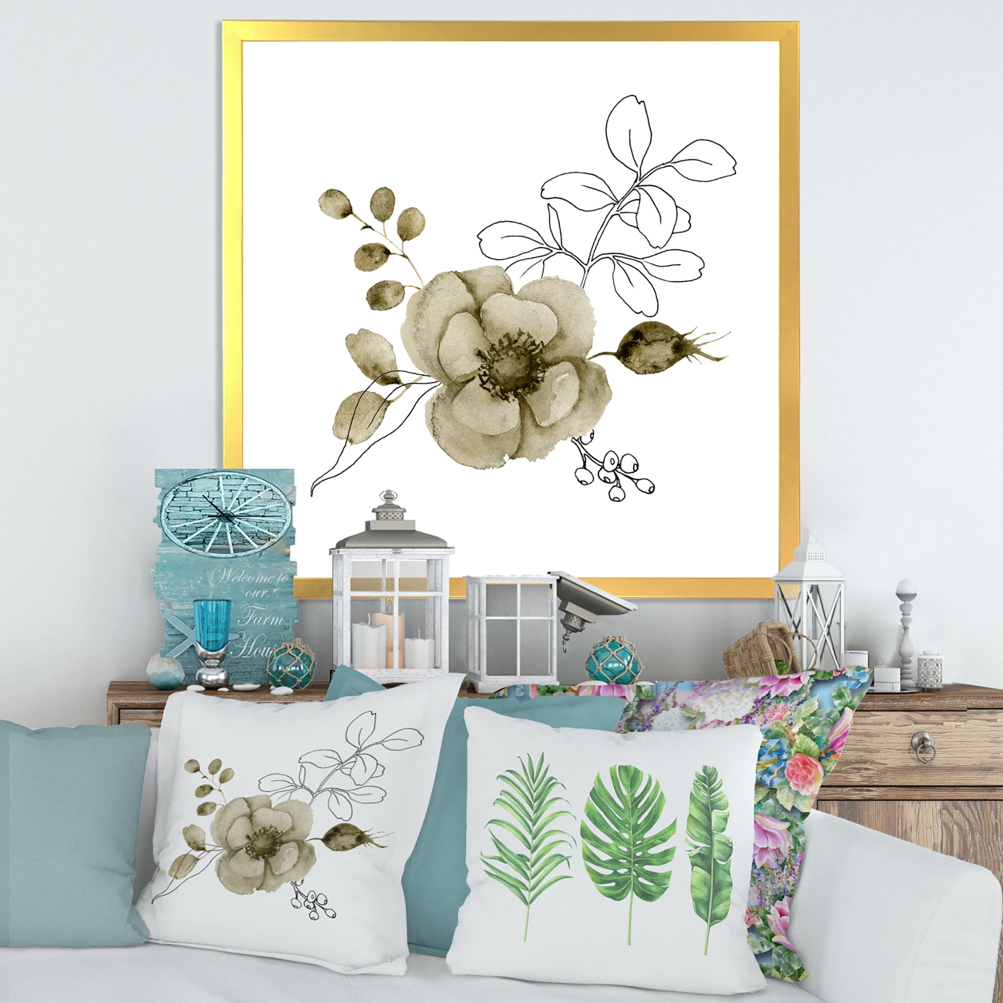 Designart 'Eucalyptus Branches With Anemone Bouquet Flower II' Traditional Framed Art Print