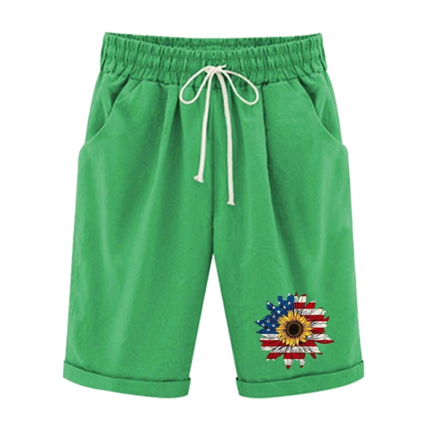 Pantalones Cortos Casuales para Mujer Día de la Independencia Impreso Elástico de la Cintura, Pantalones Cortos de Verano para Mujeres
