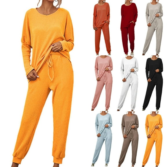 ZZwxWA Lounge Sets for Women Two Piece Casual Outfits Athletic Sweatsuits Sets Plus Size Long Pant Loungewear Workout Tracksuits Solid Color Knitted Pit Striped