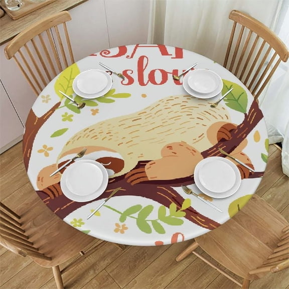 Autua Cute Sloth Typesetting Green Leaf Round Tablecloth Stain Resistant Washable For Indoor & Outdoor Dining Room Wedding Party Full Frame Single Sided Print Ideal for Home Kitchen Holiday Dinner