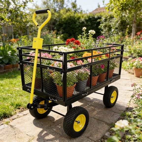 GDF Studio Double-Layer Big Wagon Cart, Extra Strength Industrial Garden Truck, Heavy Duty Cart, Yellow and Black