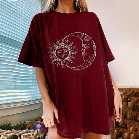 

Y2k Tops for Women Summer Oversize Sun and Moon Graphic Printed Loose Tee Short Sleeve Crewneck Loose Tshirt Tops