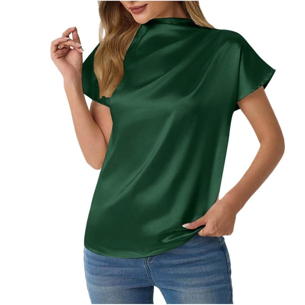 Camisetas de Manga Corta de Cuello Alto para Mujeres Moda Casual Primavera Cuello Redondo Medio Cuello Alto Hombro Izquierdo Plisado Superior