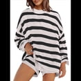 thumbnail image 1 of Conjunto de Pijama de Dos Piezas para Mujer, de Gran Tamaño, con Suéter A Rayas, Top de Larga y Pantalones Cortos. Negro L, 1 of 5