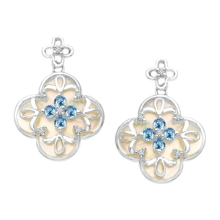 Natural Mother-of-Pearl and 5/8 ct Sapphire Clover Drop Earrings with 1/10 ct Diamonds in 14kt White Gold