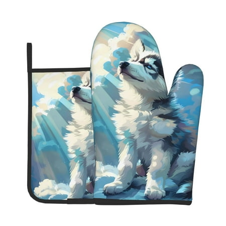 

Tebeau Cloud Sunshine Puppy Print Oven Mitts and Pan Racks 2-Piece Set Kitchen Oven Mitts and Pan Racks Heat Resistant 500 °F for Baking and Cooking