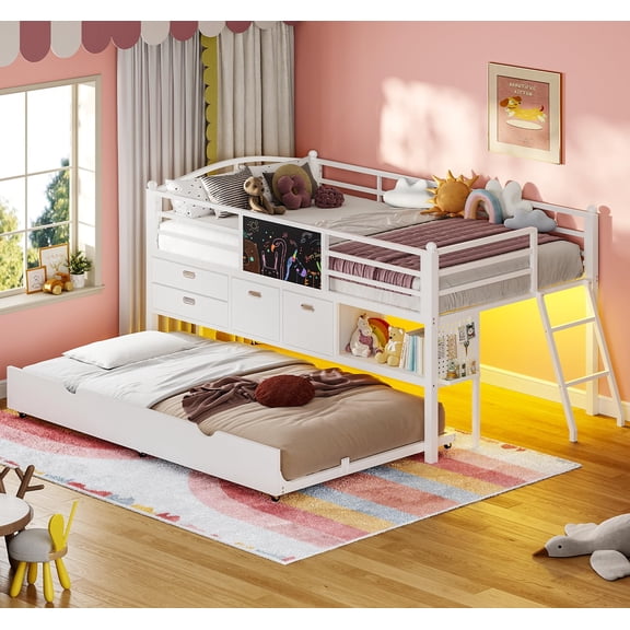 Plonmago Twin Size Low Loft Bed with Trundle,Twin Loft Bed with 4 Storage Drawers & Open Cubbies & DIY Pegboard & LED Lights, with 13.4" Guardrail,Under-Bed Play Zone, White