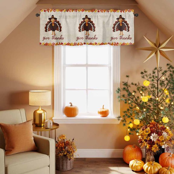 Kitchen Valances for Window, Thanksgiving Turkey Light Filtering Rod Pocket Valance Curtain, Retro Linen Maple Leaves Short Curtains Window Topper for Bedroom Bathroom Living Room 42x12in