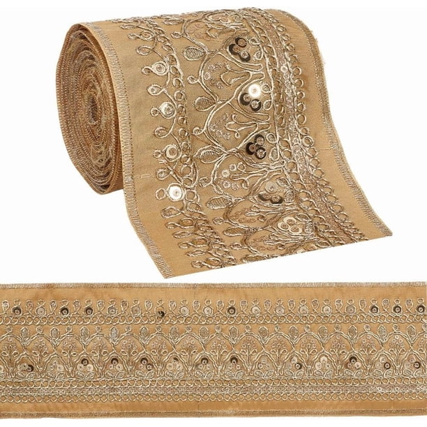 Cinta bordada de jacquard dorado de 3,46 pulgadas, cinta tejida de poliéster con lentejuelas y cuentas, cinta ancha con bordado floral bohemio, apliques de tela, cintas a granel