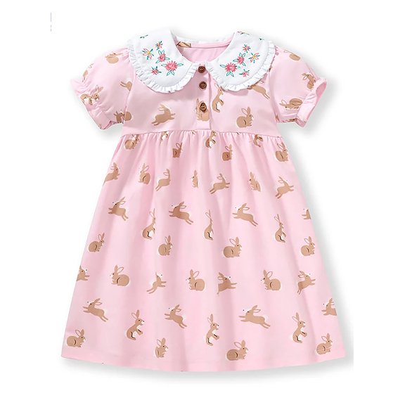 WIBACKER 2-7T Kids Toddler Girls Cotton Thin Summer Dress Lapel Short Sleeve Dresses With Rabbit Decor